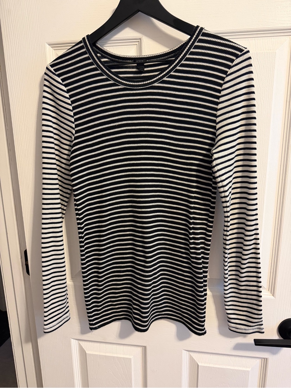 J. Crew Black and White Striped Ribbed Crewneck Top
